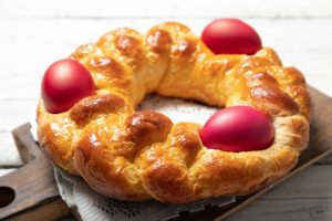 Italian easter bread. Red eggs. Delicious Easter cake. Italy