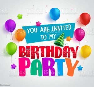 Birthday party invitation background vector design with greetings and colorful balloons and birthday elements in white. Vector illustration.